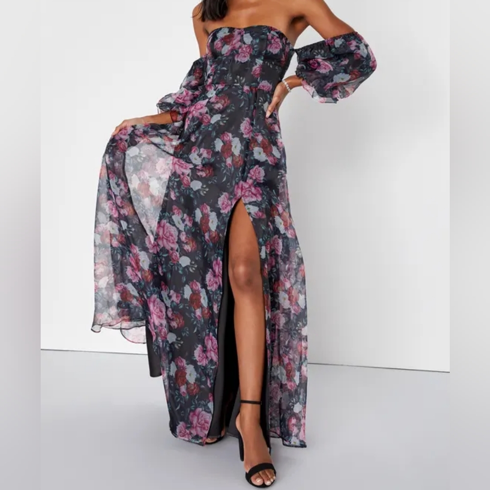 Lulu's True Excellence Black Floral Bustier Off-The-Shoulder Maxi Dress NWOT